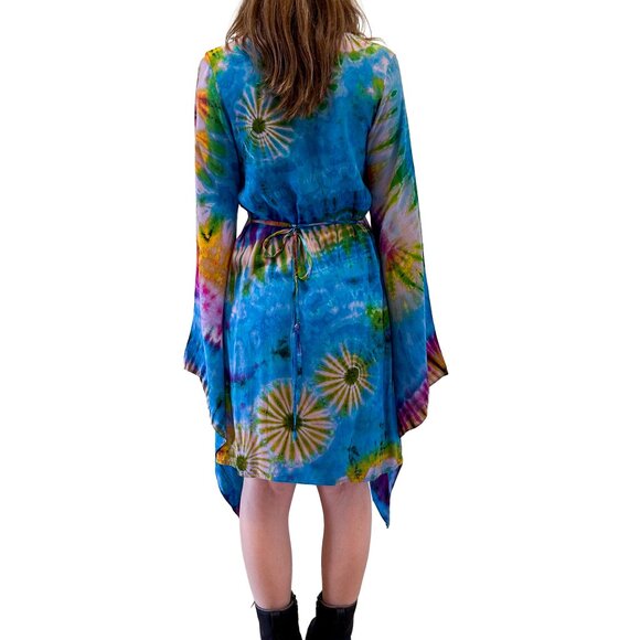 Tie Dye Hippie Wook Festival Bell Sleeve Psychedelic Priestess Mini Dress - Picture 8 of 8